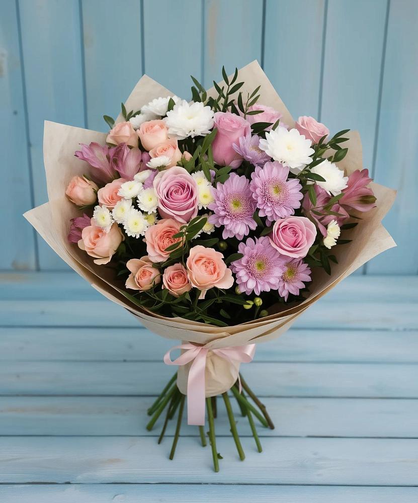 Букет цветов из: Хризантемы, Розы и Альстромерии в Смирновке
