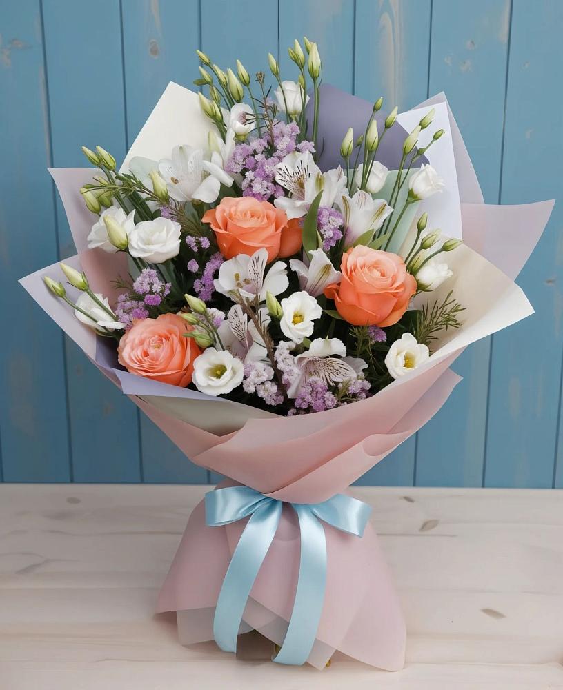Букет цветов из: Лизиантусы, Розы, Альстромерии и Гипсофила в Смирновке