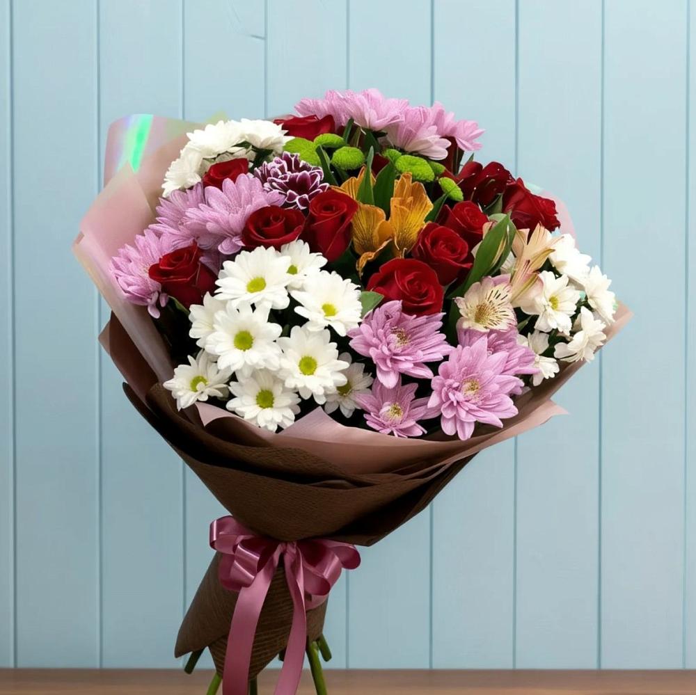Букет цветов из: Розы, Хризантемы и Альстромерии в Смирновке