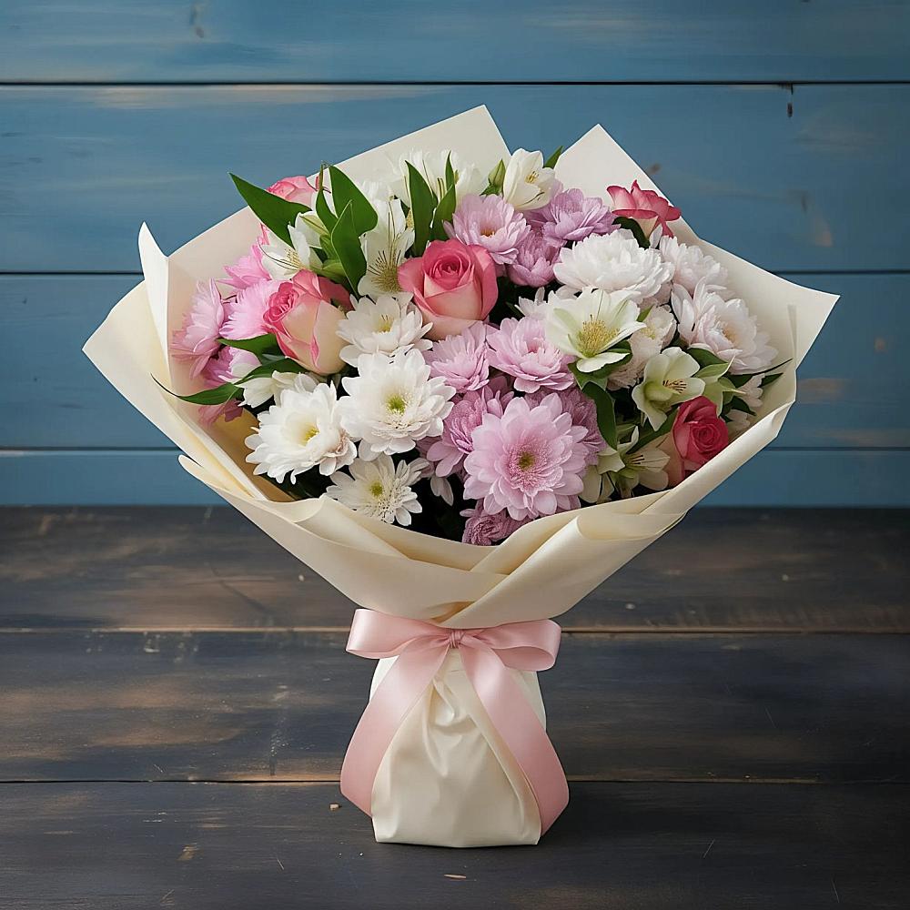 Букет цветов из: Хризантемы, Альстромерии и Розы в Смирновке